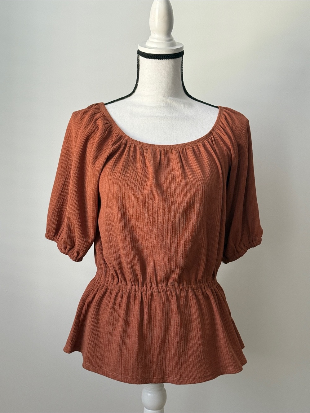 Nine West Rust Peasant Waist-Defining Women'sShort Sleeve Peplum Top